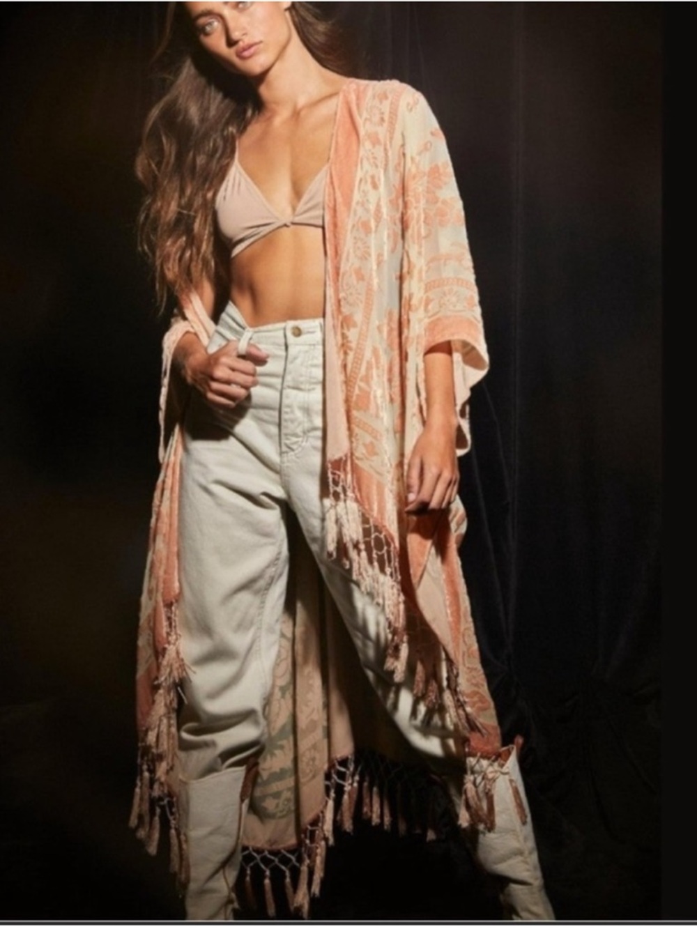 Free People Nightbird Burnout Kimono Cream and Gold